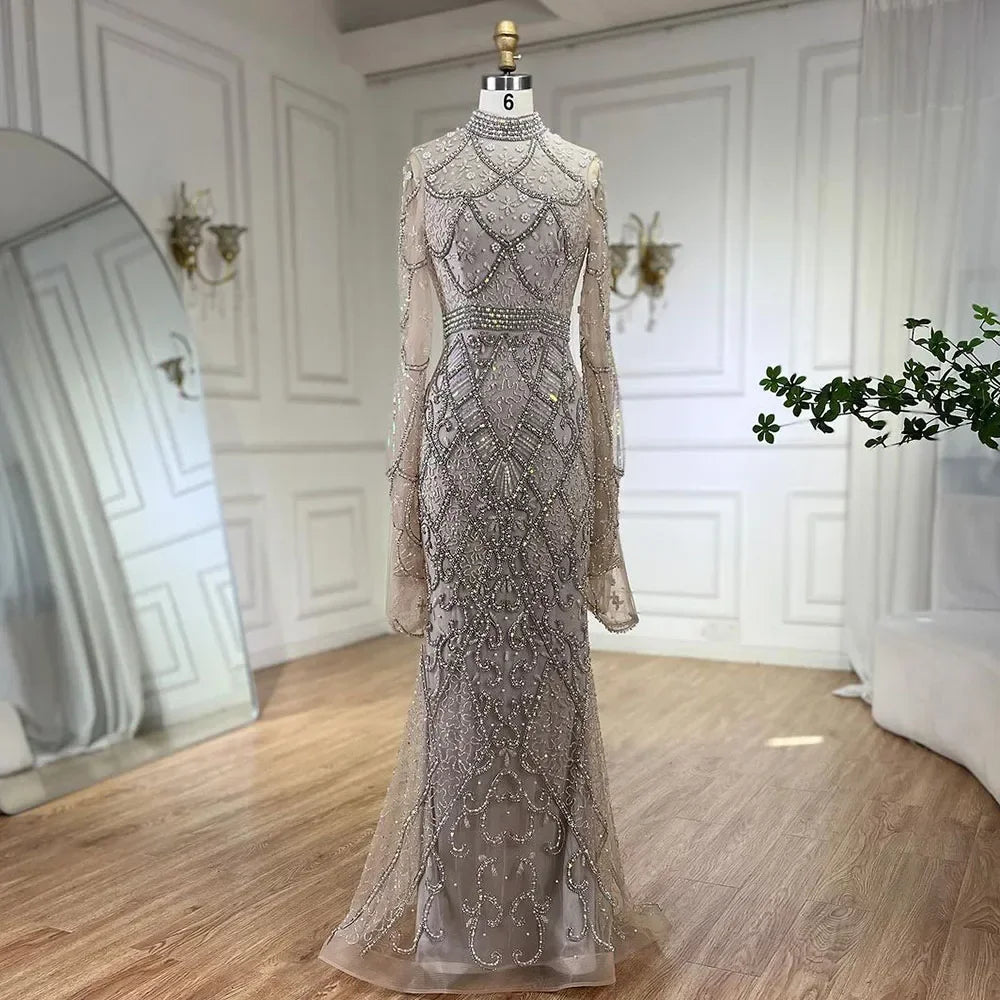 Zapdress Customized Muslim Gray Mermaid Cape Sleeve Beaded Evening Dress Dubai Elegant Party Gowns 2025 for Women (ZD17187)