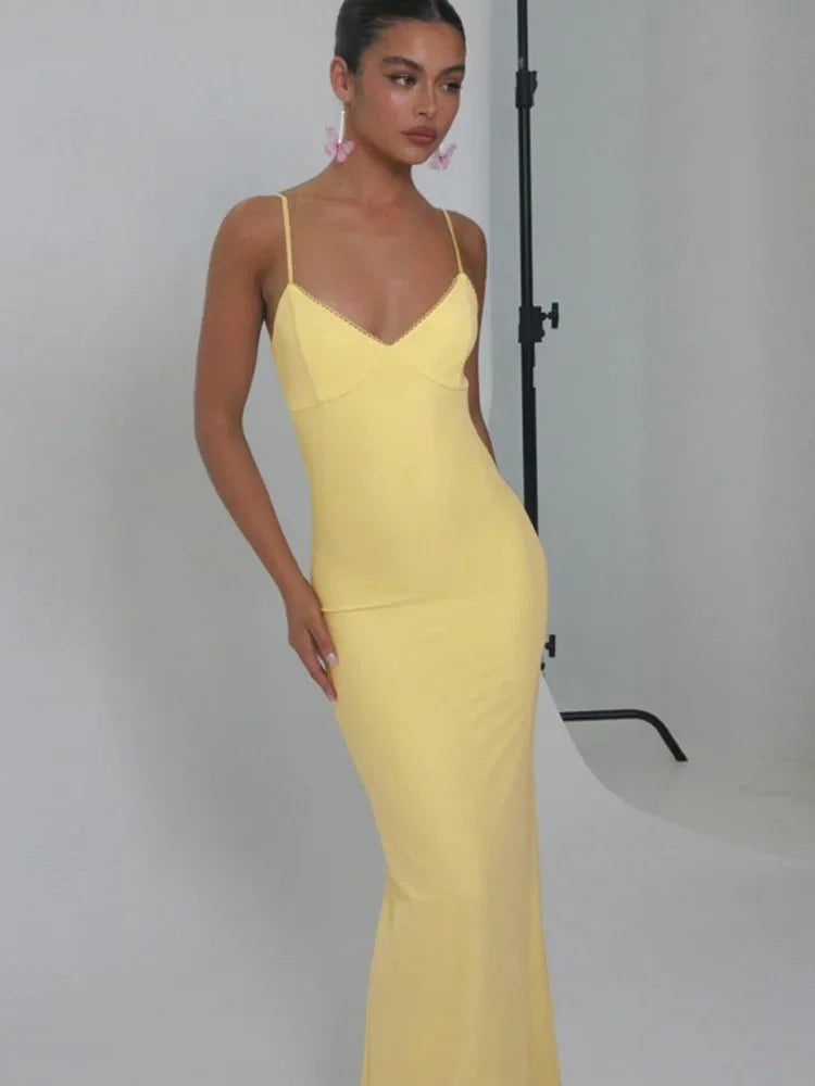 Yellow Spaghetti Strap Backless Bodycon Slip Dress - View 3 | VelvetHem
