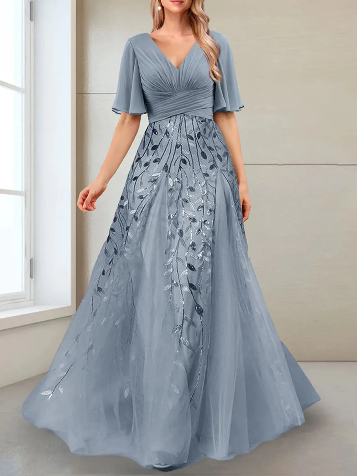Elegant A-line Prom Gown V-Neck Chiffon Half Sleeves Ruffles Sequins Appliques Floor-Length Evening Dress Free Customized Dusty Blue