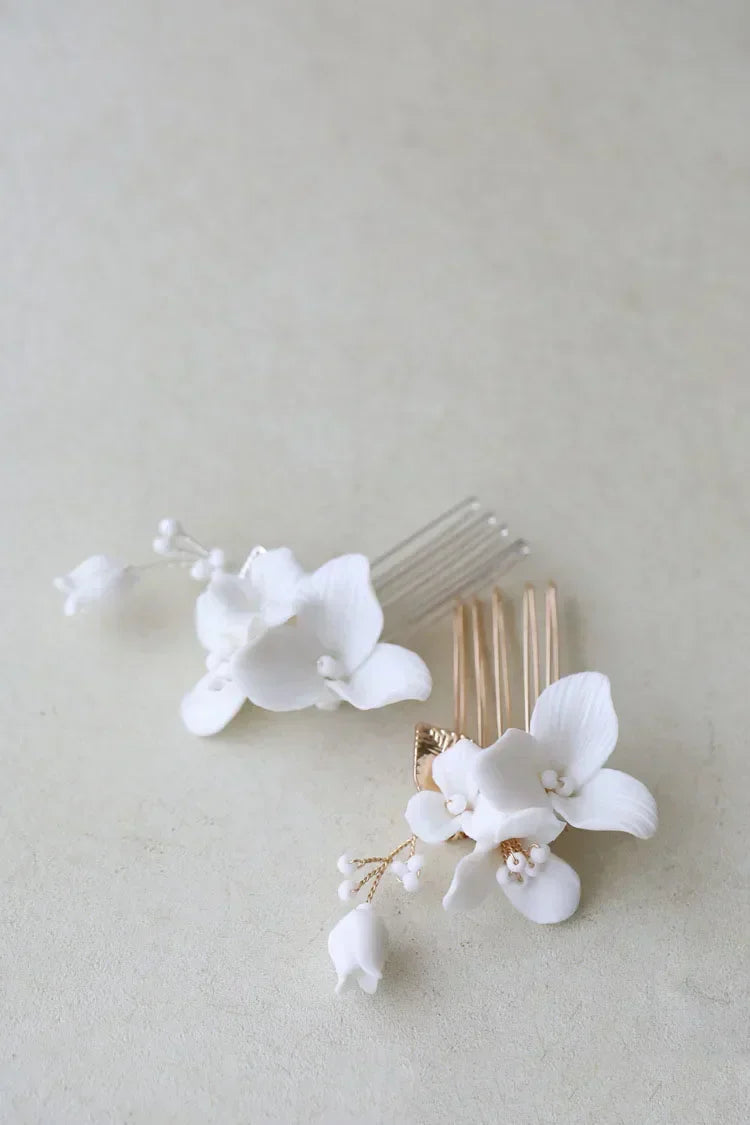 Porcelain Flower Hair Comb Pin Clip Gold Silver Color Head Piece Brides Bridesmaids Hairpin Wedding Accessories Bridal Jewelry