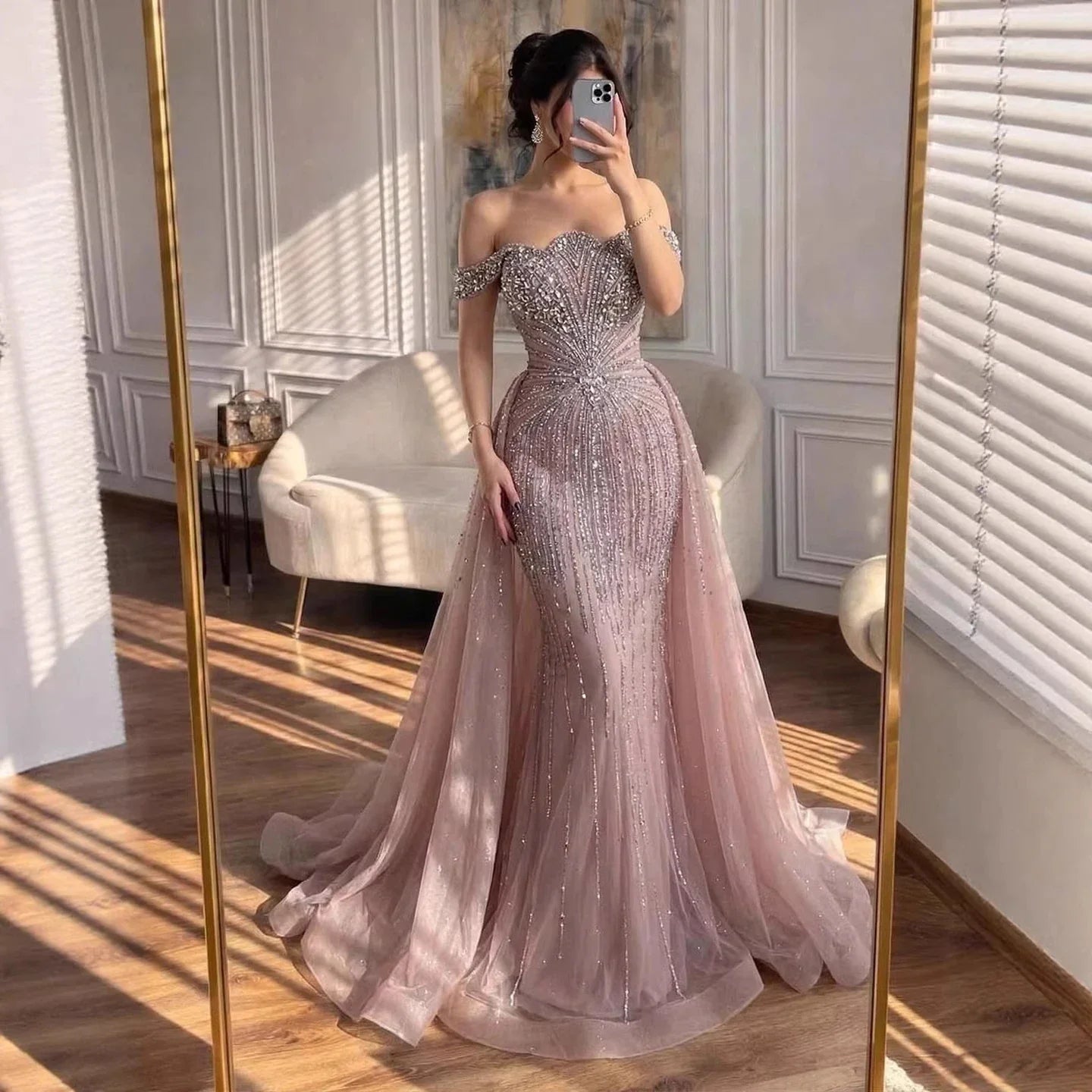 Zapdress Green Mermaid Beaded Evening Party Gown 2026 Elegant Off-Shoulder Runway Dress with Overskirt Customized (ZD17288)