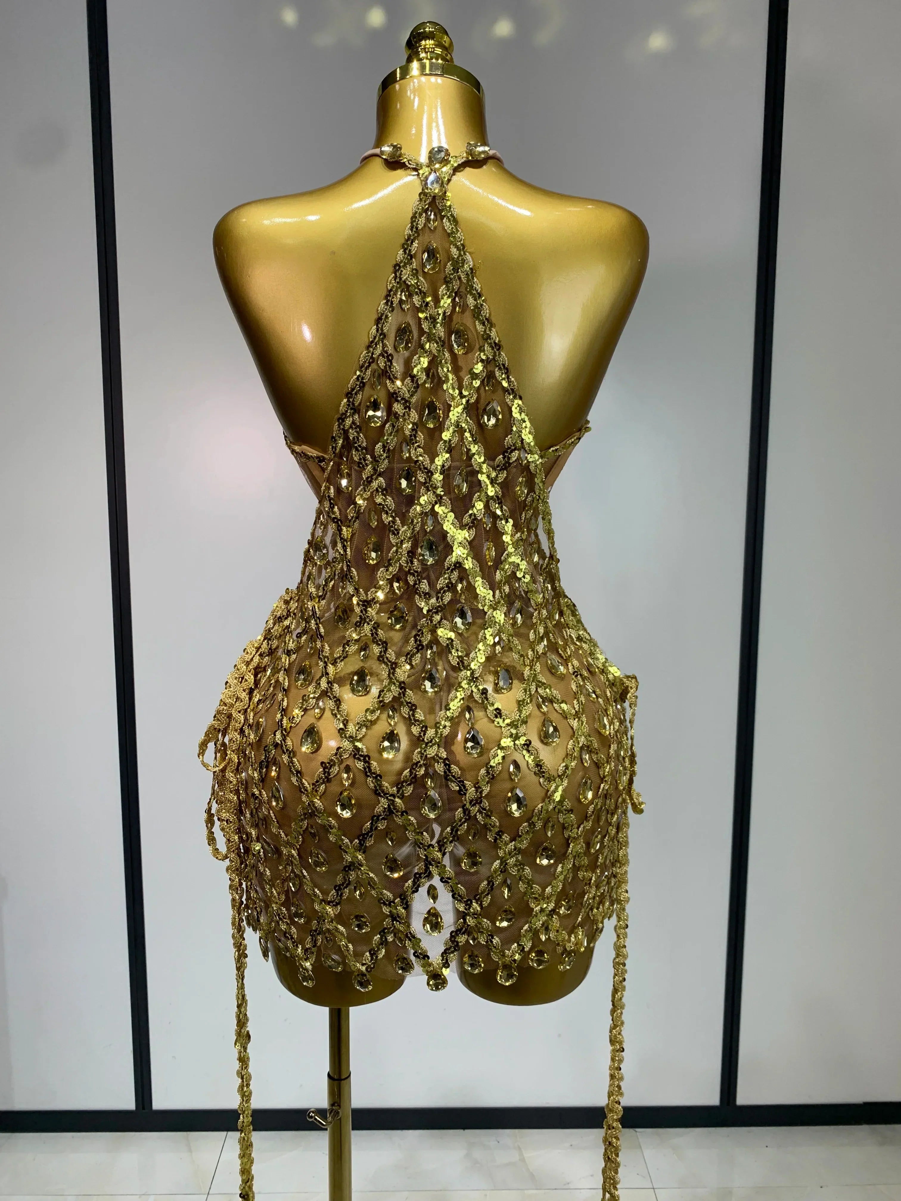 Sparkly Sequin Diamond Mesh Transparent Two Piece Set Women  Sexy Evening Party Celebrate Birthday Photo Shoot Wear