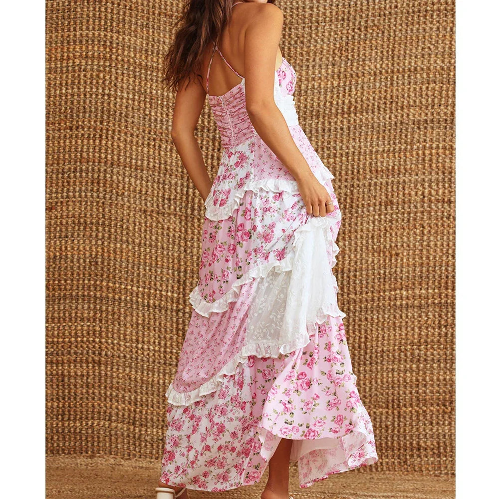 Boho Tie Shoulder Patchwork Floral Dress - View 3 | VelvetHem