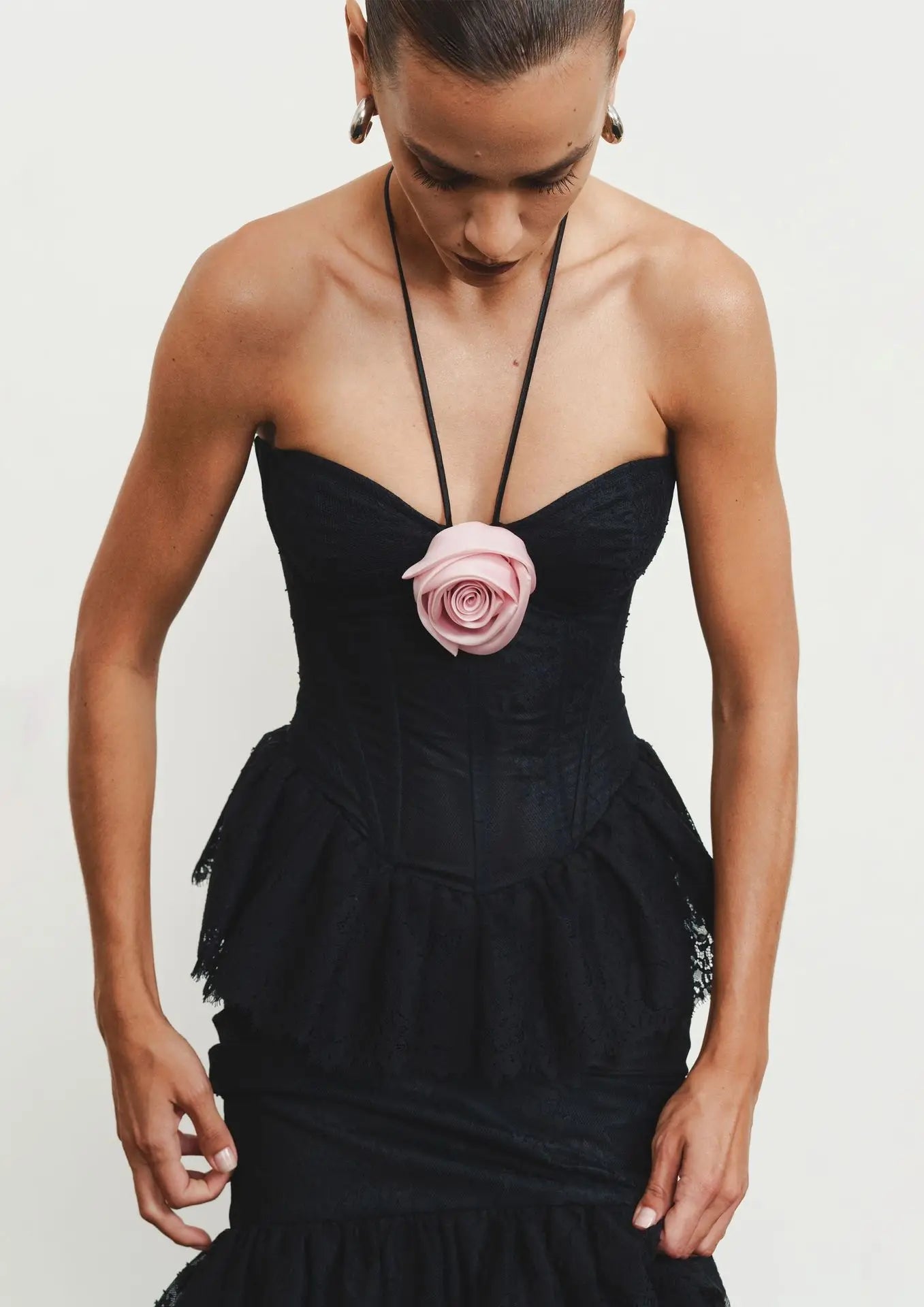 Pink Flowers Halter Sleeveless Black Lace Ankle Length Dress Celebrity Birthday Party Evening Dress Woman Voaction Outfit