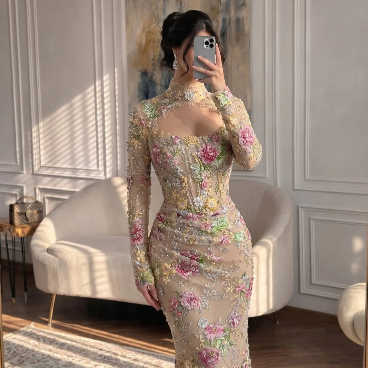 Zapdress Mermaid Long Sleeves Evening Dress Flower Pattern Formal Wedding Party Gowns for Women 2026 DLA73552F Customized (ZD17291)