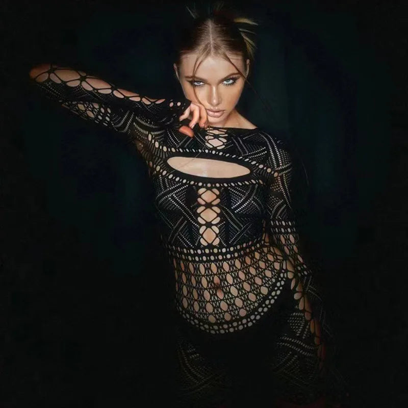 Deep V Lace Tight Hollow Party Mini Dress - View 3 | VelvetHem
