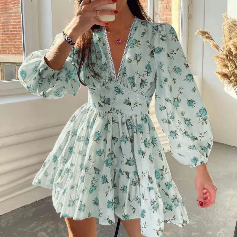V-neck Lace Edge Midi Floral Dress - View 2 | VelvetHem
