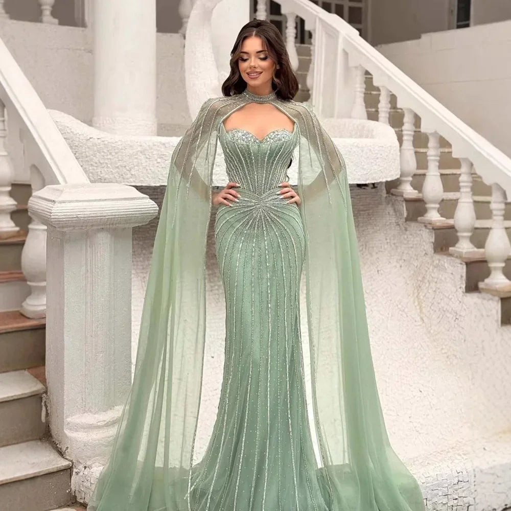 Luxury Nude Elegant Evening Gown Beaded Dress with Cape Sleeves for Formal Party Wear Zapdress DLA72811A Customized (ZD17216)