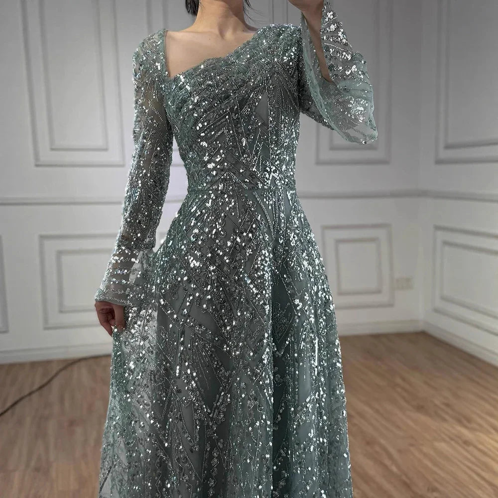 Zapdress Turquoise Long Sleeves A Line Pearls Beaded Evening Dresses Elegant Party Gowns for Women DLA73177 Customized (ZD17208)