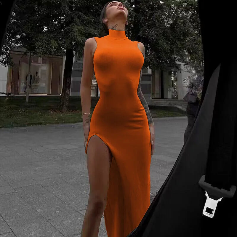 Slit Turtleneck Bodycon Midi Party Dress