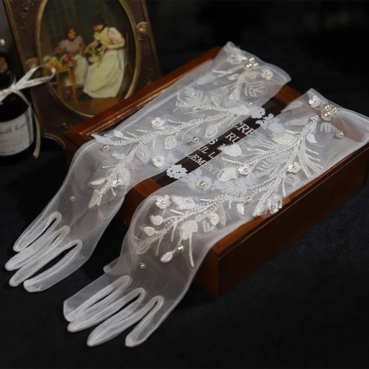 Long Bridal Gloves Vintage Flower Pearls Wristband Wedding Glove For Women Girl Party Evening Dress Jewelry Bride Accessories
