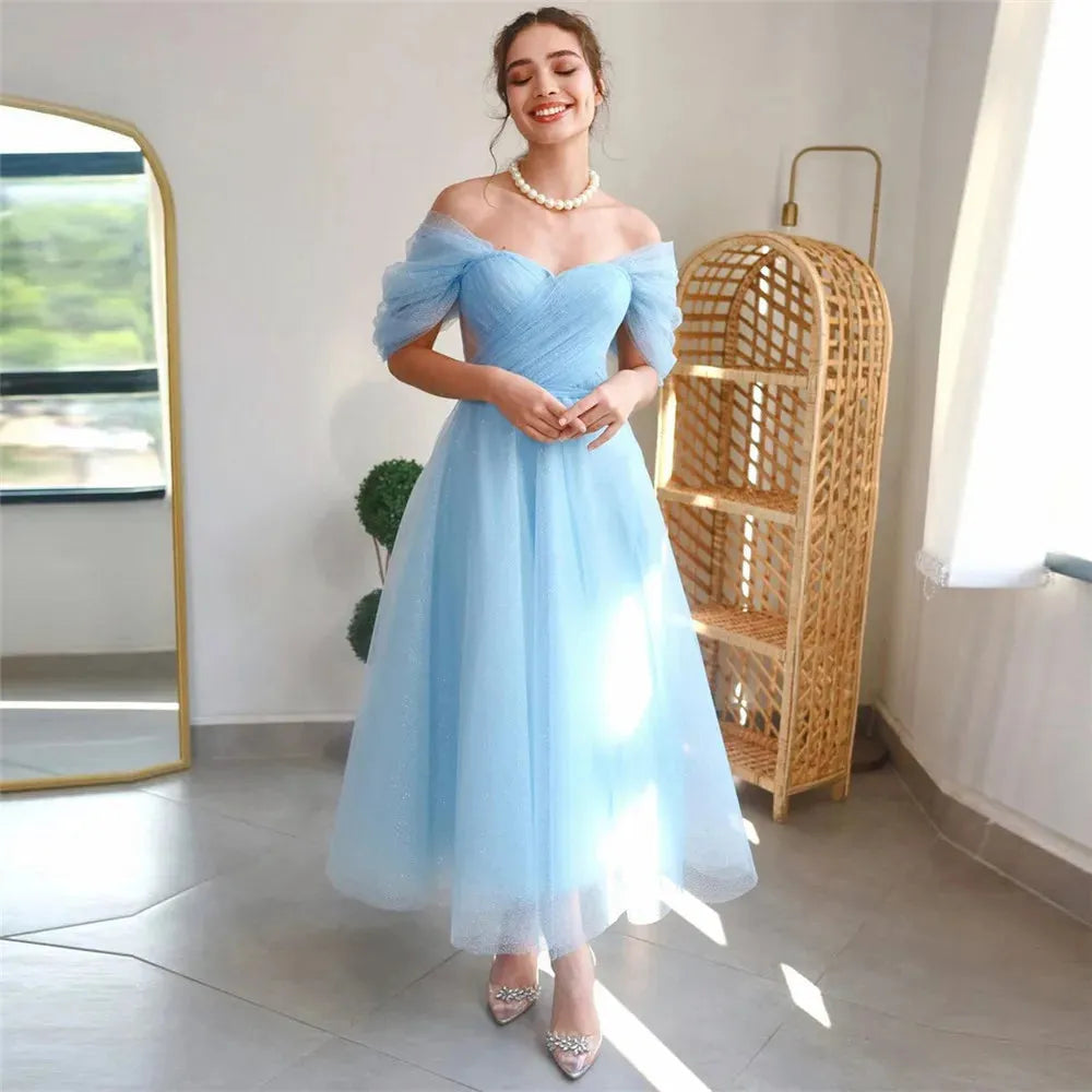 Hearty Sky Blue Tulle Prom Dresses Off The Shoulder A-Line Pleat Ruched Gowns Homecoming Dress Graduation Party As Picture
