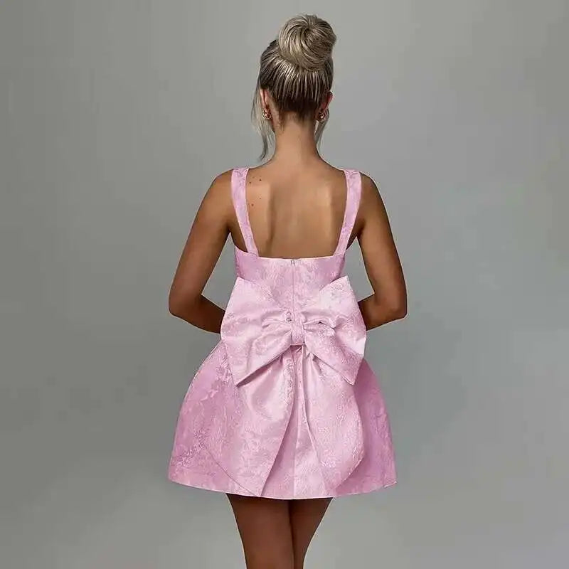Bow Backless Jacquard A-Line Mini Dress