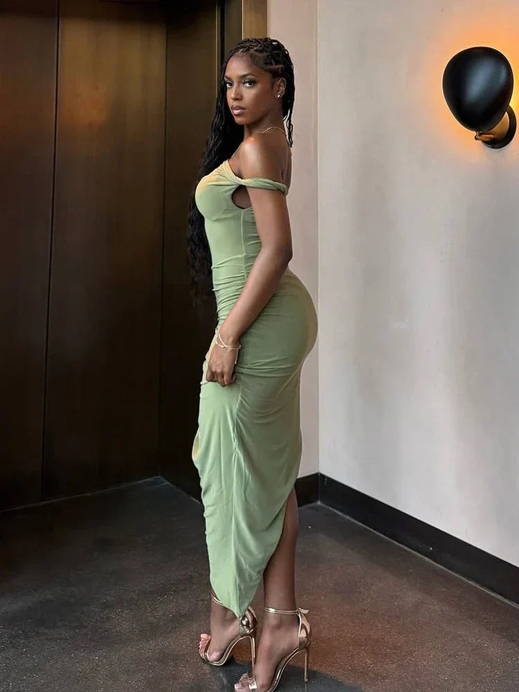 Ruched Off Shoulder Slim Midi Dress - View 6 | VelvetHem