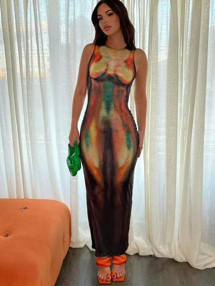 Multicolor Print Sleeveless Maxi Dress - View 3 | VelvetHem