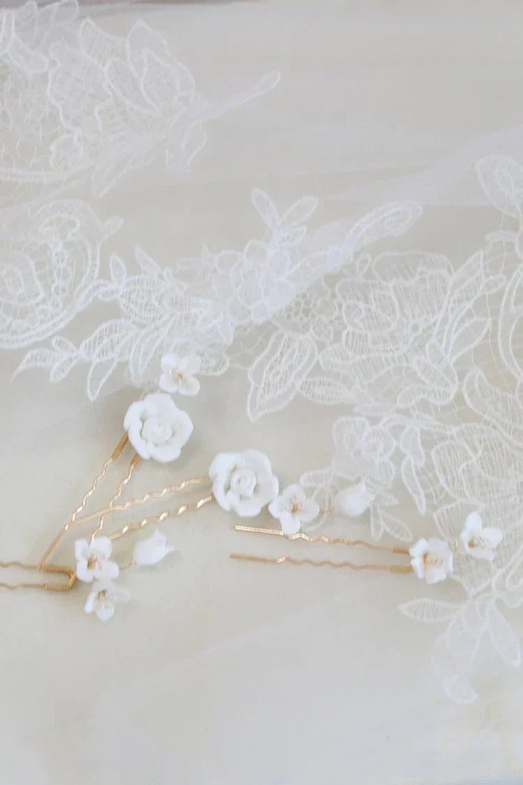 Gold Color Hair Clip Pins Porcelain Rose Flower Hairpins For Brides Bridesmaids Headpieces Bridal Jewelry Wedding Accessories
