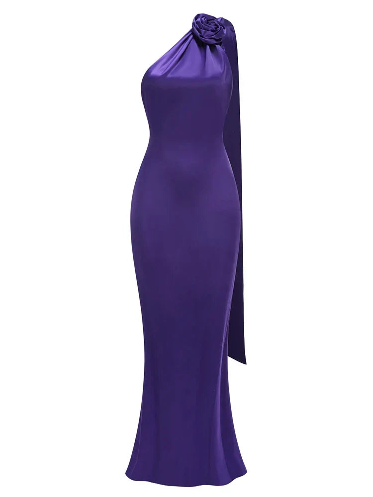 Purple Satin Halter Neck 3D Flower Scarf Maxi Dress