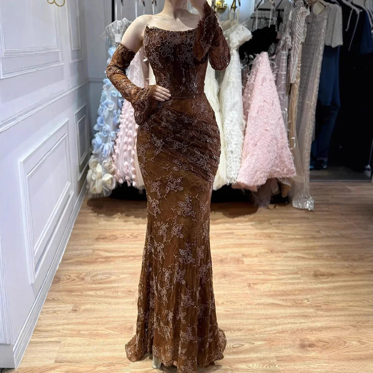 Zapdress Brown Lace Evening Gown Elegant Mermaid Ruched Slim Fit Party Dress for Women DLA73484 Customized (ZD17257) - View 3 | VelvetHem