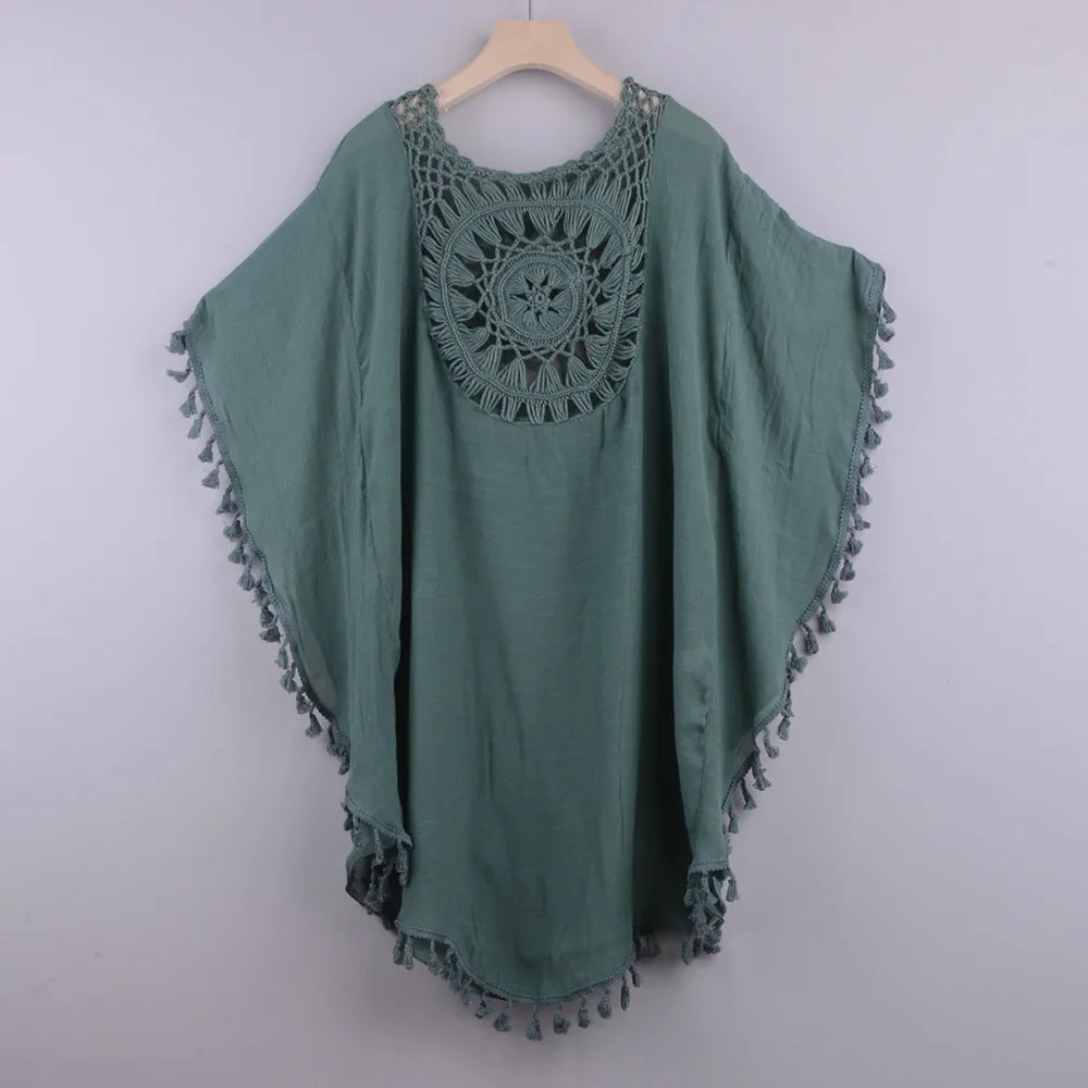 Off Shoulder Tassel Beach Smock Cover Up