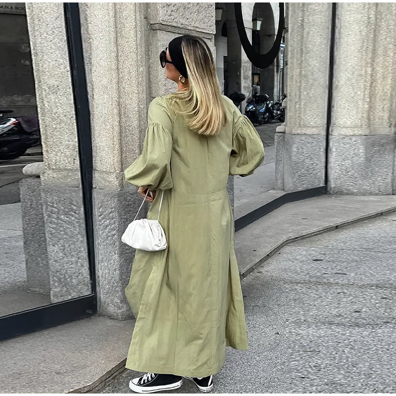 Casual Street Lace Up Long Dresses Women Chic Loose V neck Side Slit Solid Dress Female Summer Versatiel Street Party Robes