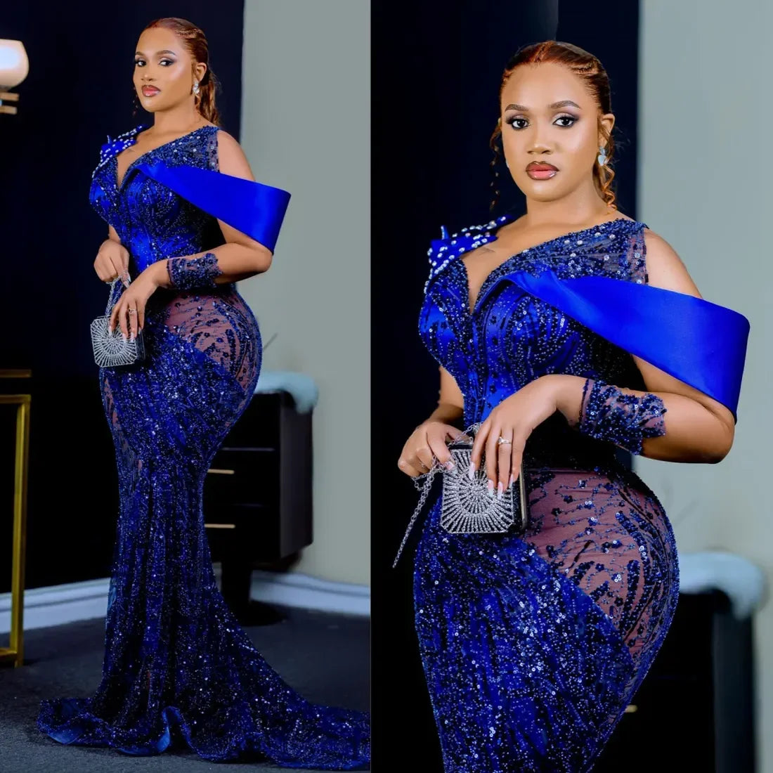Customized Royal Blue Aso Ebi Prom Dresses Long Sleeves Mermaid Beaded Lace Formal Evening Gowns Illusion Engagement Dresses