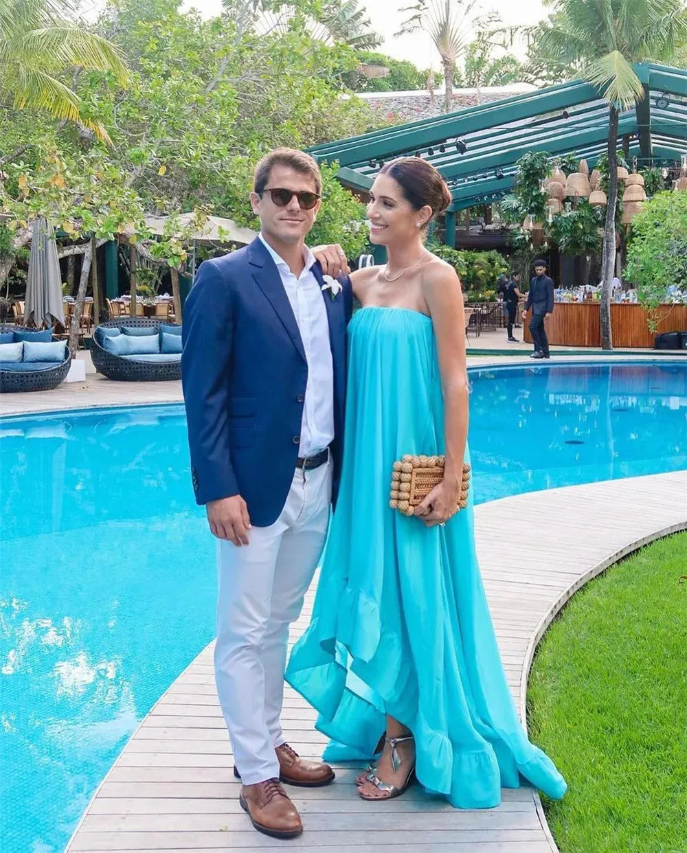 Simple Bright Blue Prom Dress Strapless Sleeveless Straight Ruched Ruffle High/Low Evening Dress vestidos de gala