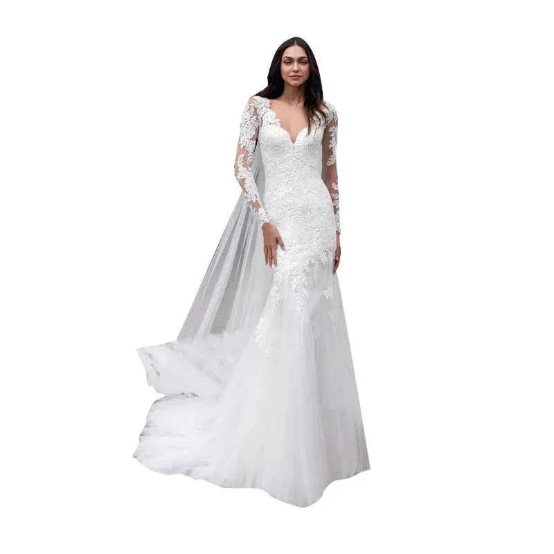 Luxury Mermaid Wedding Dress Long Sleeve Lace Applique Sexy V-neck Backless Bridal Dress Court Sweep Vestido De Noiva