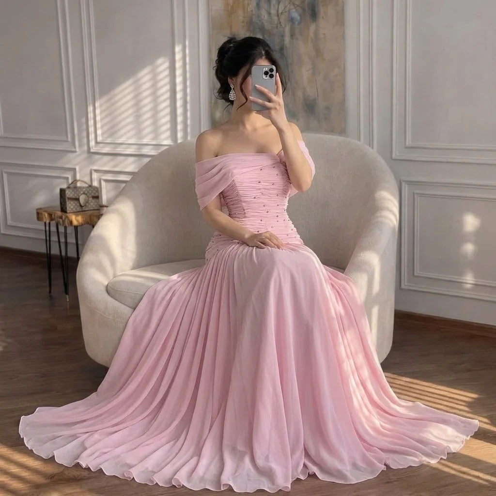 Zapdress Pink Chiffon Mermaid Evening Gowns 2026 Elegant Mermaid Off-Shoulder Pleated Ruched Prom Dresses LA73347 Customized (ZD17312)