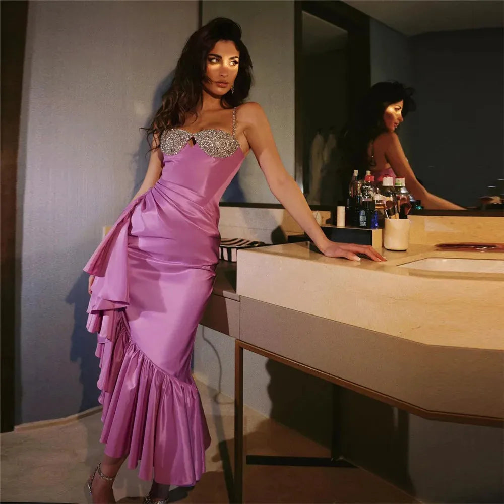 fuchsia Satin Mermaid Evening Dresses Pleat Ruched Sequined Party Prom Dresses Robe de soirée for women As Picture