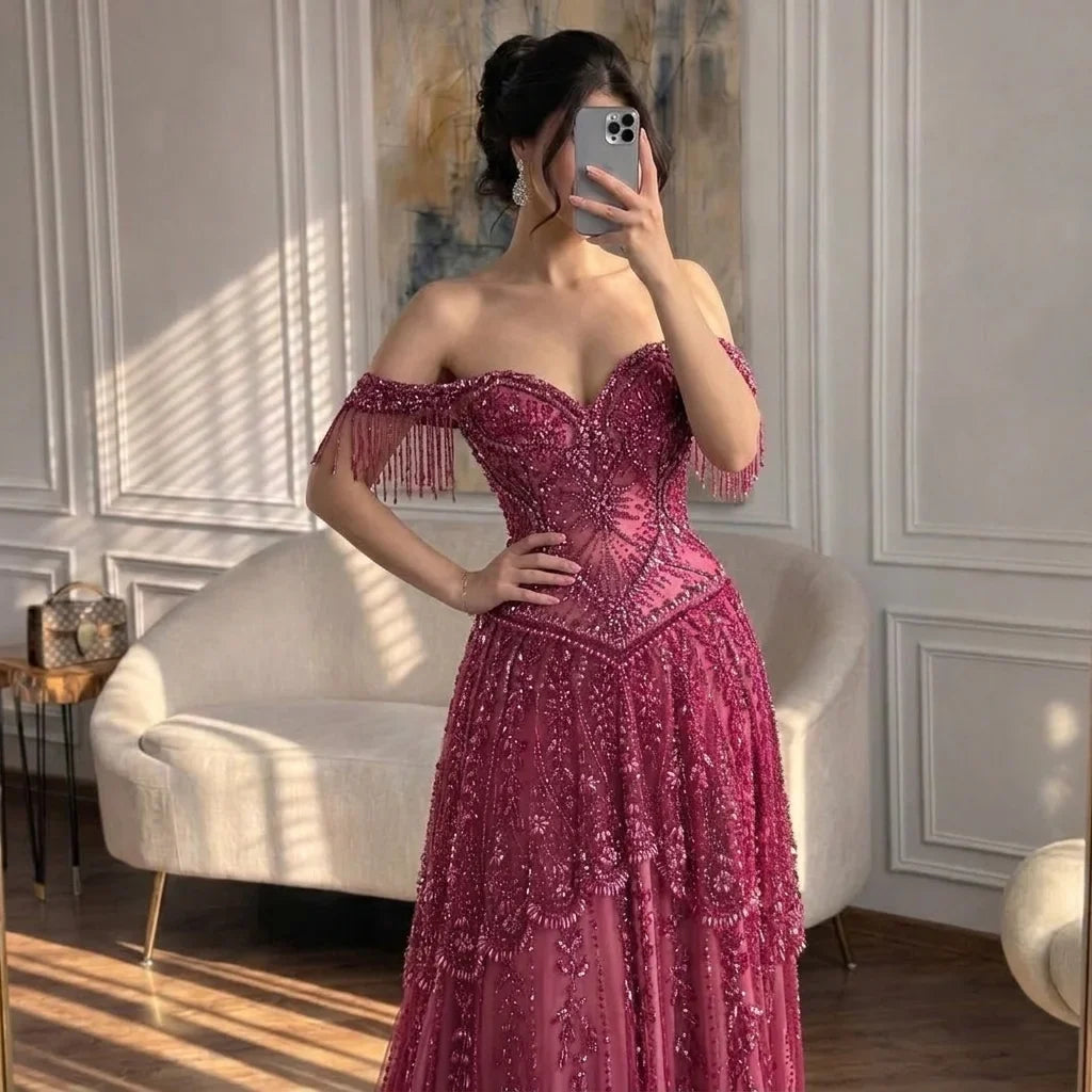 Zapdress 2026 Off-Shoulder Fuchsia Beaded Evening Dress Elegant Wedding Party Gown for Women DLA73594 Customized (ZD17243)