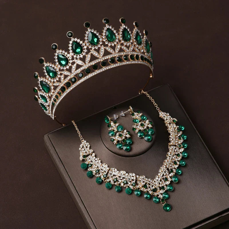 Luxury Silver Color Crystal Water Drop Bridal Jewelry Sets Rhinestone Tiaras Crown Necklace Earrings Wedding Dubai Jewelry Set TS-0015-A-XL-0003-F Tiaras