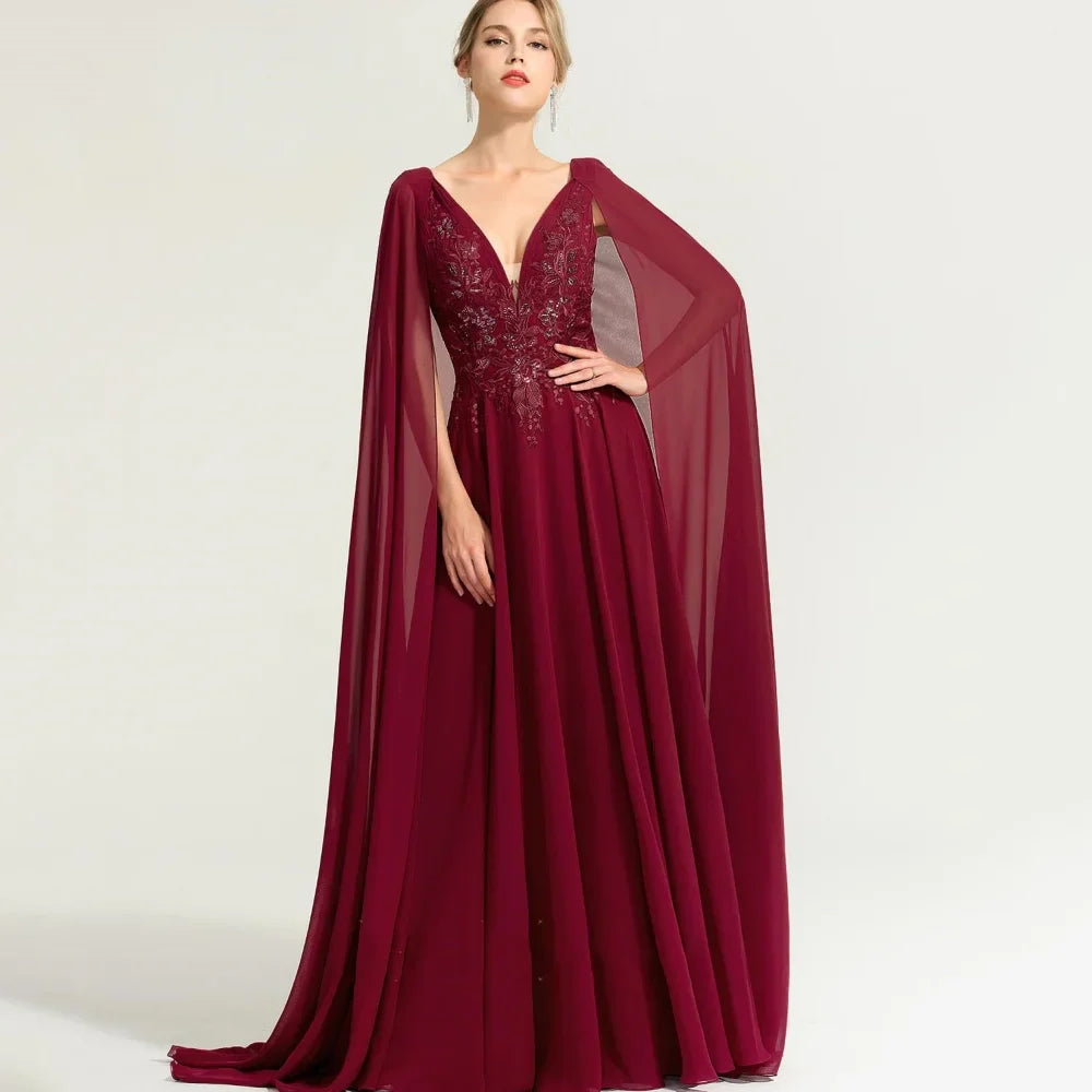 Customized Chiffon V Neck Bridal Dress Elegant Appliques A Line Wedding Party Gowns For Bride Button Shawl Formal Mother Dresses