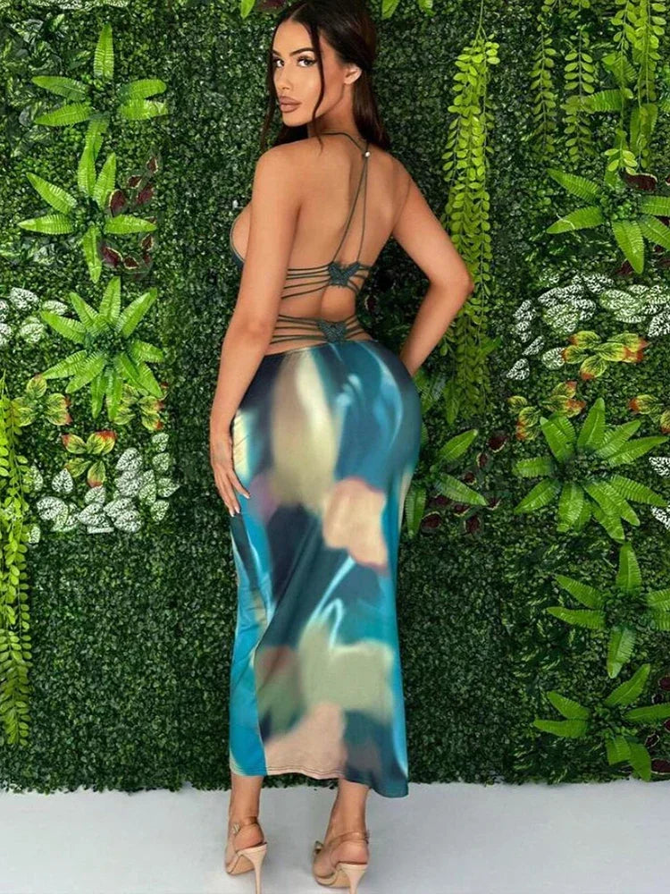 Tie Dye Backless Cross Midi Dress - View 5 | VelvetHem