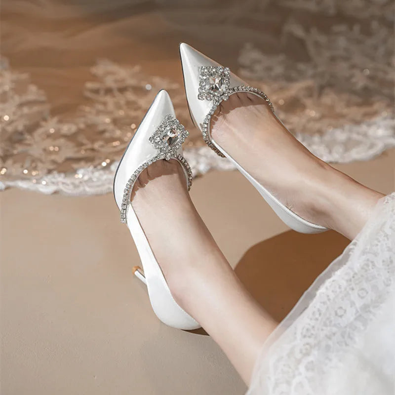 Luxury Rhinestones Satin Women Pumps Spring Summer Fashion Pointed toe Office Lady High heels Female Wedding Bridal Dress Shoes White 7cm