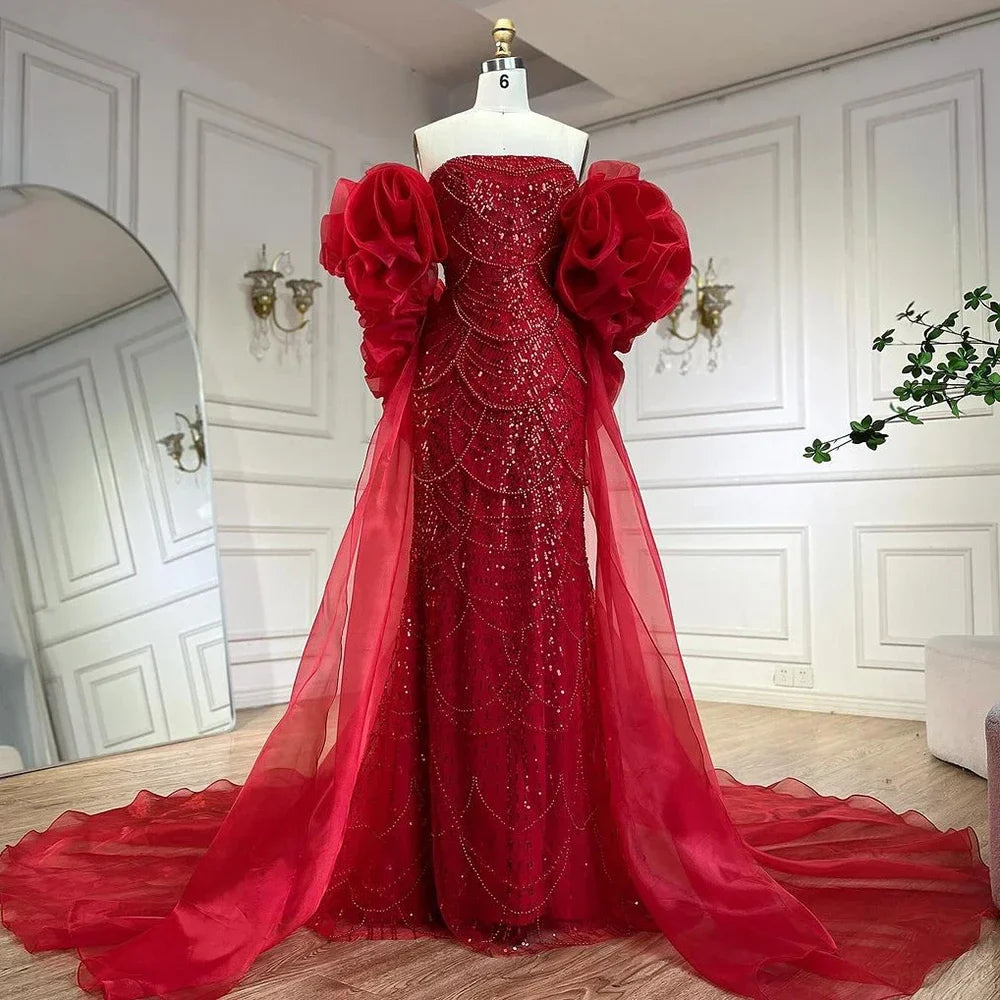 Zapdress Red Strapless Mermaid Pearls Beaded Evening Dress with Cape Wedding Party Gowns for Women DLA72585 Customized (ZD17266)