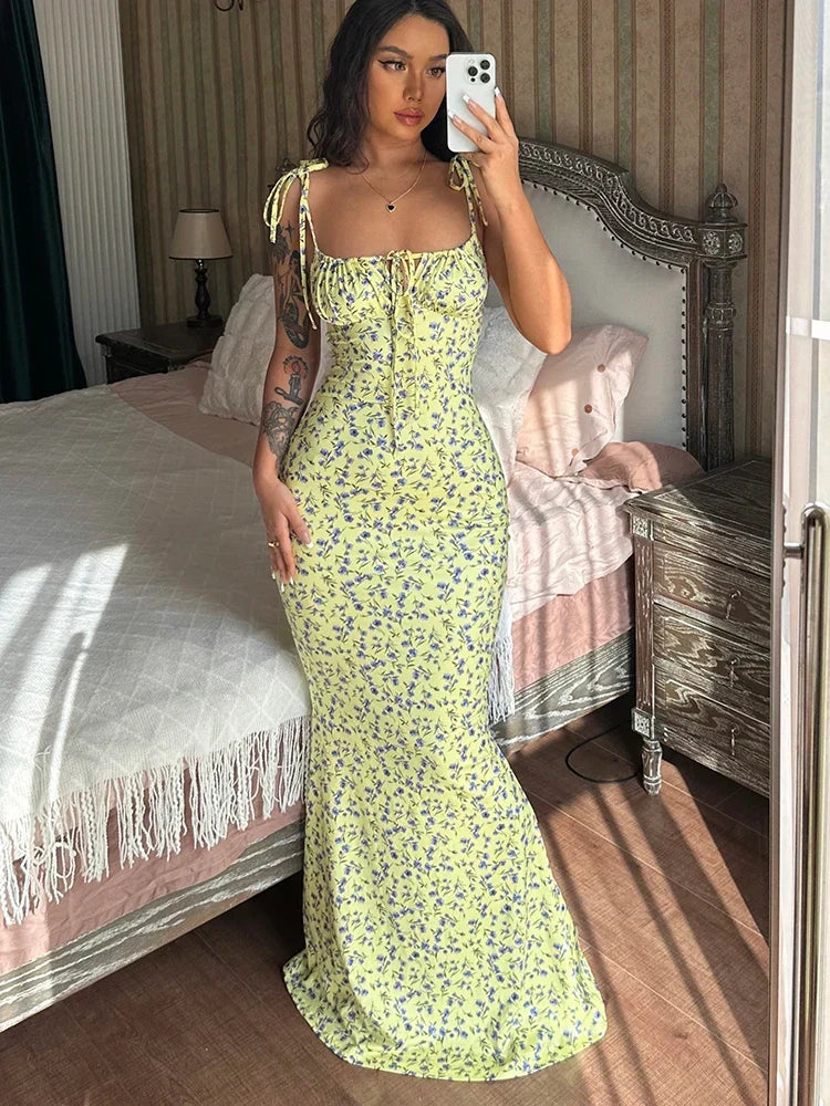 Sleeveless Lace Up Backless Floral Dress