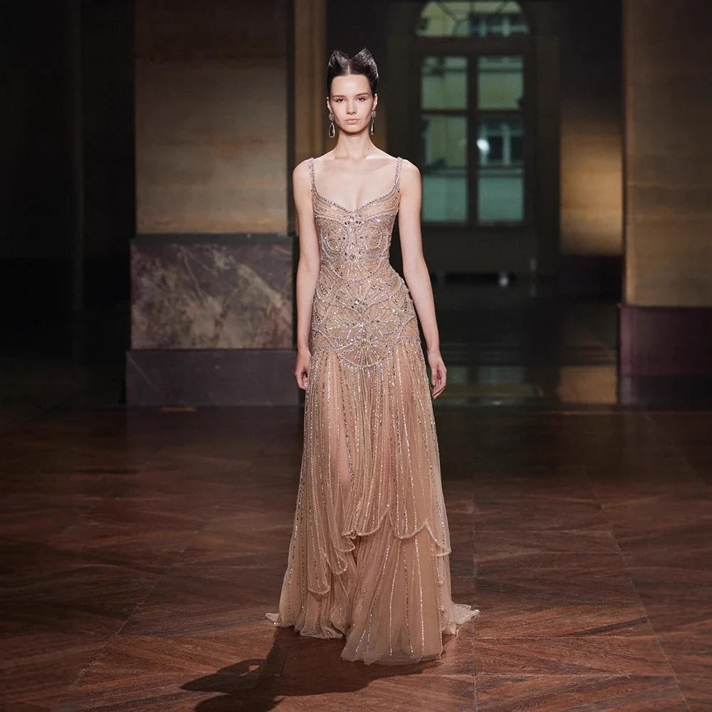Zapdress Customized 2026 Nude A-line Beaded Evening Dresses Luxury Party Gowns for Women (ZD17184)