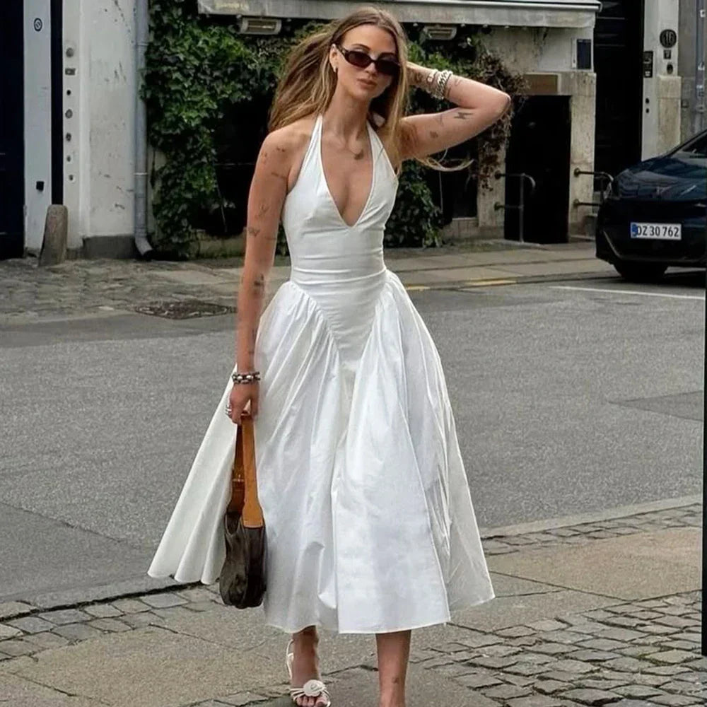 Backless Deep V Spliced Long Midi Dress