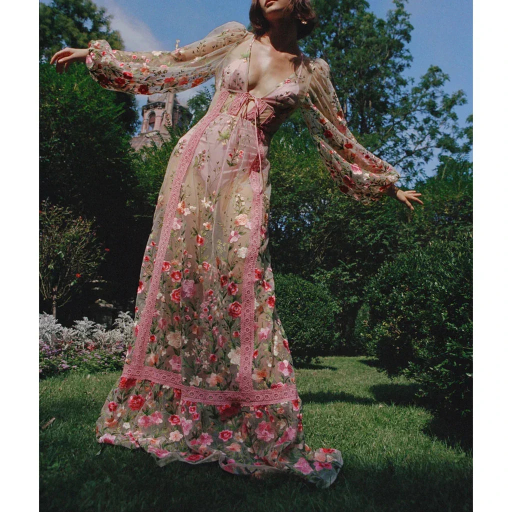 Sheer Lace Embroidery Floral Dress - View 2 | VelvetHem