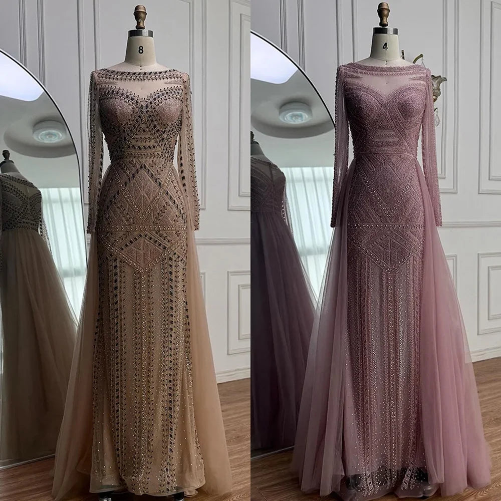Zapdress Pink Long Sleeves Mermaid Beaded Evening Dress Formal Party Gowns for Women DLA72967 Customized (ZD17207)