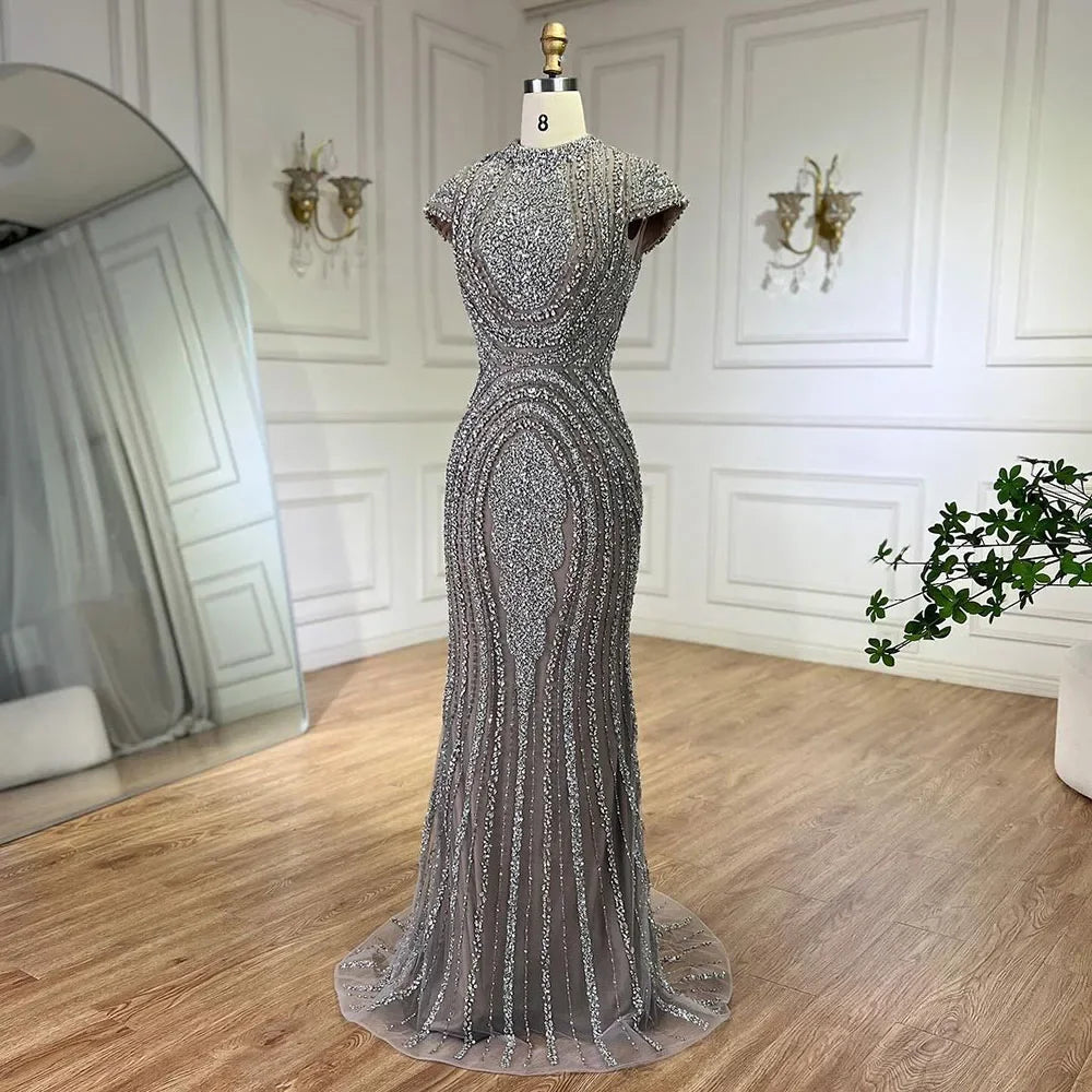 Zapdress Gray Nude Cap Sleeves Mermaid Beaded Luxury Evening Dresses Formal Party Gowns for Women DLA72344 Customized (ZD17204)