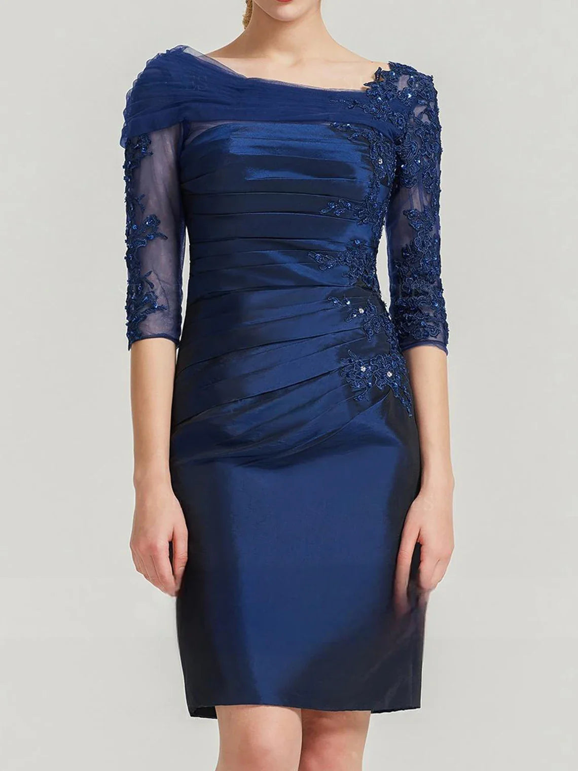 Mother Of The Bride Dress - Elegant Sheath Evening Dress Lace Taffeta Half Sleeve Scalloped Neck Knee-Length Beading Pleated Appliqued Free Customized Navy Blue