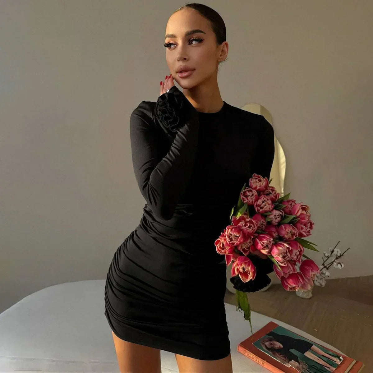 Floral Long Sleeve O-Neck Ruched Bodycon Work Dress - View 7 | VelvetHem