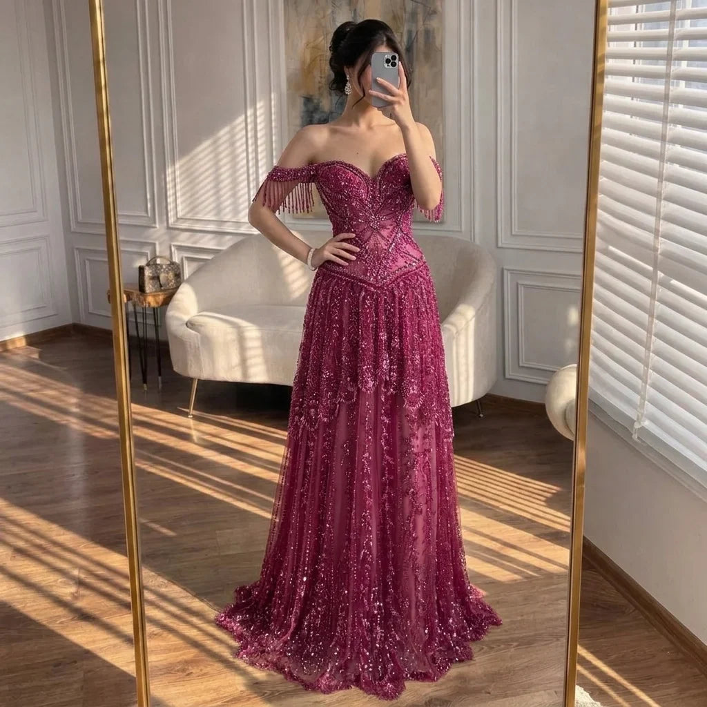 Zapdress 2026 Off-Shoulder Fuchsia Beaded Evening Dress Elegant Wedding Party Gown for Women DLA73594 Customized (ZD17243)