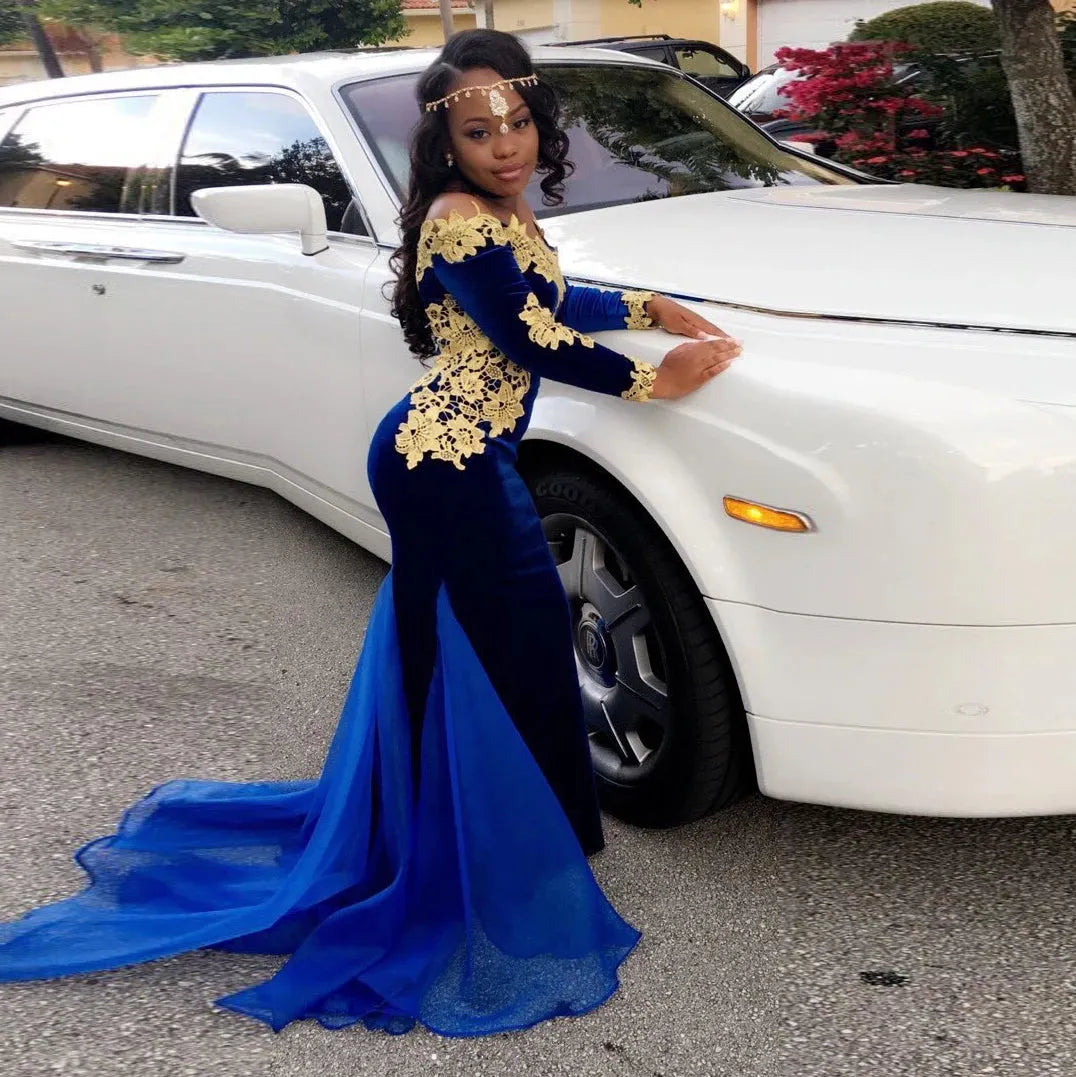 Fashion Royal Blue Mermaid Evening Dress Scoop Neck Lace Appliques Prom Gown Ruched Floor Length Outfit Blue