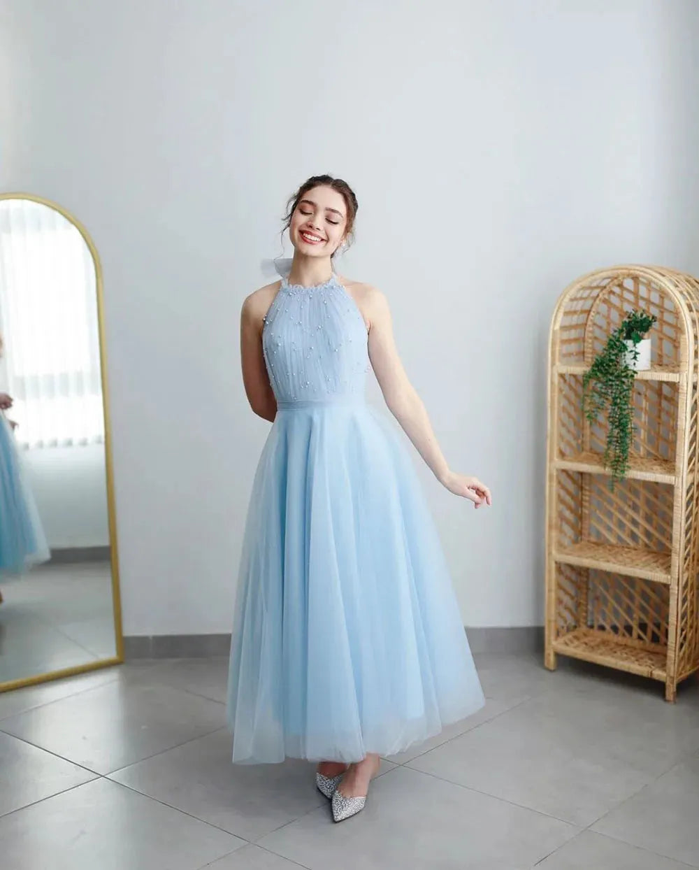 Blue Short Evening Dress Backless Tulle Pearls A-Line Prom Gowns Ankle Length Prom Dresses Graduation Party Gown