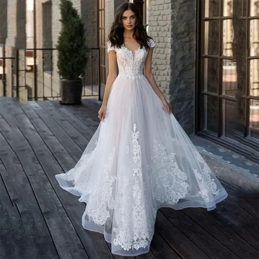 Lace Appliques Princess Bohomian Beach Wedding Dress Vestido De Noiva Cap Sleeve V-Neck Vestidos De Novia (ZD14041)