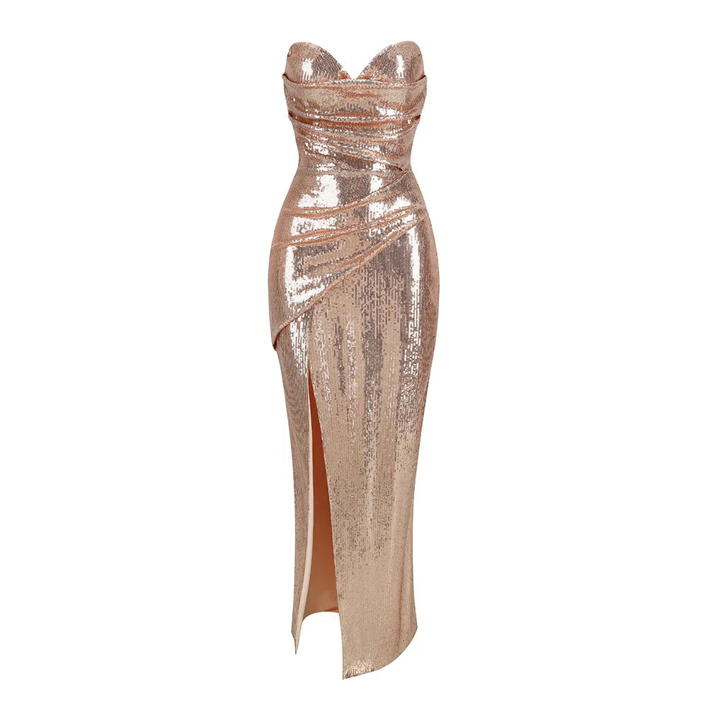 Sequined Strapless Slit Lace Up Ankle Length Dress