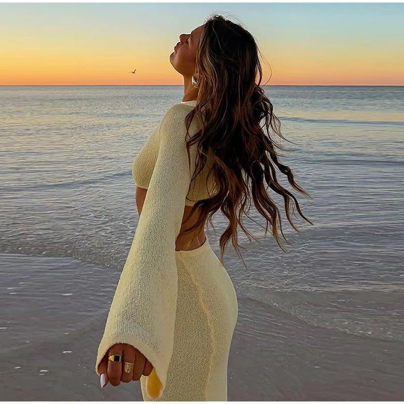 Knitted Hollow Out Solid O - neck Slit Maxi Dress