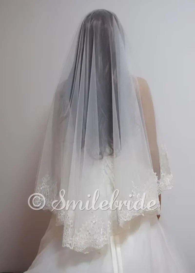 One layer 65" (165cm) Lace Wedding Veil No Comb - View 2 | FashionDia